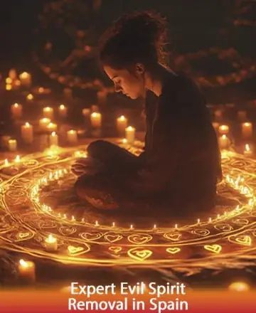 In a serene setting aglow with the gentle flicker of candles, a figure sits in quiet contemplation, surrounded by intricate, luminous patterns. This peaceful scene invites a sense of calm and inner balance, offering comfort and wisdom. Expert evil spirit removal in Spain.