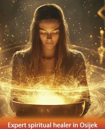 In a serene embrace of golden light, a gentle soul finds solace, cradling a bowl that glows with warmth and wisdom. The atmosphere whispers peace and quiet reflection, inviting hearts to heal and spirits to soar. Spiritual guidance in Osijek.