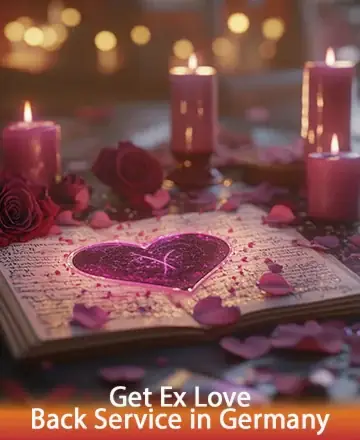 In a serene glow of candlelight, a heart-shaped symbol rests gently upon an open book, surrounded by soft rose petals. The warm ambiance invites a sense of peace and reflection, offering solace and hope. Rekindle your heart with love spell in Germany.