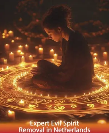 In the gentle glow of countless candles, a serene figure sits in quiet meditation, embraced by a circle of warm light. The atmosphere is one of tranquility and protection, offering a haven for the soul. Expert evil spirit removal in Netherlands.