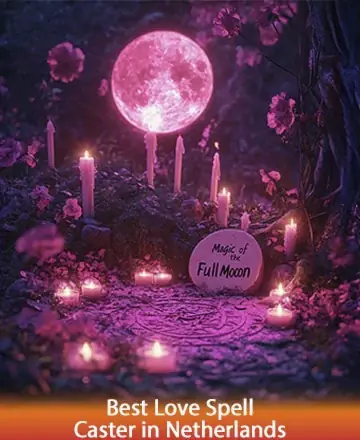 In the gentle embrace of moonlight, a serene garden blooms with glowing candles and delicate flowers, creating a sacred space for reflection and love. The soothing ambiance invites tranquility and connection, guided by the full moon’s magic. Love spell in Netherlands.
