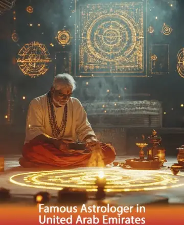 In a serene sanctuary illuminated by radiant golden symbols, a wise guide sits peacefully, enveloped in the gentle glow of ancient wisdom. His presence exudes calm and assurance, inviting you to explore the depths of your soul. Astrology guidance in United Arab Emirates.