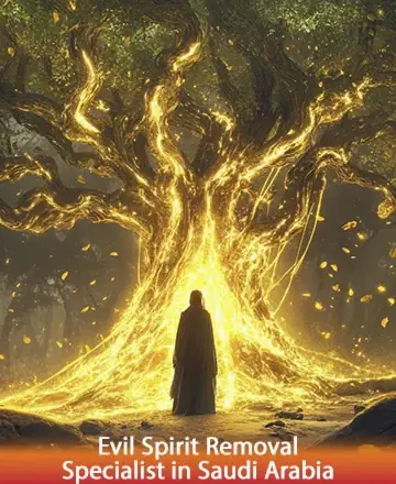 Beneath the ancient, luminous tree, a gentle figure stands enveloped in a warm, golden glow, symbolizing the light of hope and transformation. This serene scene invites a sense of peace and renewal, guiding you to a place of inner harmony and strength. Evil spirit removal specialist in Saudi Arabia.