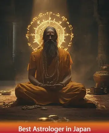 In the serene glow of golden light, a wise sage sits in tranquil meditation, exuding a sense of deep peace and timeless wisdom. The gentle ambiance invites you to find solace and inner harmony, embracing the journey of self-discovery. Best astrologer in Japan.