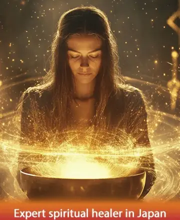 In a serene embrace of golden light, a woman holds a bowl radiating warmth and tranquility. Her peaceful presence invites you to a space of deep reflection and connection. Embrace this gentle journey of healing and wisdom. Expert spiritual healer in Japan.