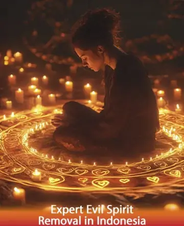 In a serene sanctuary illuminated by the gentle glow of countless candles, a figure sits in peaceful meditation, surrounded by intricate symbols. This sacred space exudes a profound sense of calm and protection, inviting the soul to find solace. Expert evil spirit removal in Indonesia.