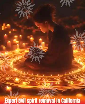 Spiritual ritual with a woman surrounded by glowing candles and protective symbols – Expert Evil Spirit Removal in California.